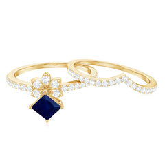 Princess Cut Solitaire Blue Sapphire and Diamond Designer Ring Set