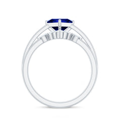 Certified Lab Grown Blue Sapphire Princess Cut Engagement Ring Set with Diamond