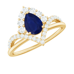 Pear Cut Blue Sapphire Designer Solitaire Ring with Diamond