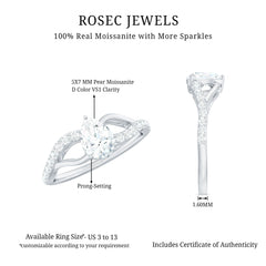 Certified Pear Cut Moissanite Split Shank Engagement Ring