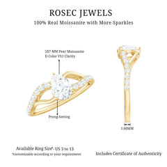 Certified Pear Cut Moissanite Split Shank Engagement Ring