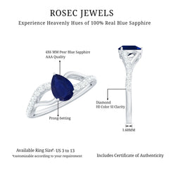 Pear Cut Blue Sapphire Solitaire Split Shank Ring with Diamond