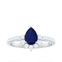 Blue Sapphire Teardrop Solitaire Ring with Diamond Accent