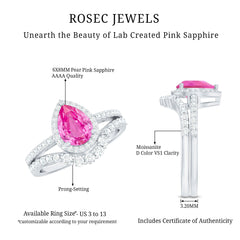 Pear Created Pink Sapphire Teardrop Ring Set with Moissanite Band