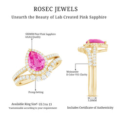 Pear Created Pink Sapphire Teardrop Ring Set with Moissanite Band