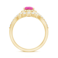 Pear Created Pink Sapphire Teardrop Ring Set with Moissanite Band