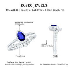 Certified Lab Grown Blue Sapphire Diamond Pear Shaped Engagement Ring Set