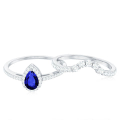 Certified Lab Grown Blue Sapphire Diamond Pear Shaped Engagement Ring Set