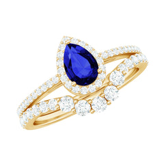 Certified Lab Grown Blue Sapphire Diamond Pear Shaped Engagement Ring Set