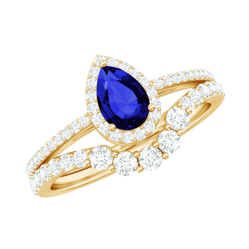 Certified Lab Grown Blue Sapphire Diamond Pear Shaped Engagement Ring Set