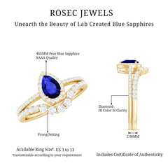 Certified Lab Grown Blue Sapphire Diamond Pear Shaped Engagement Ring Set