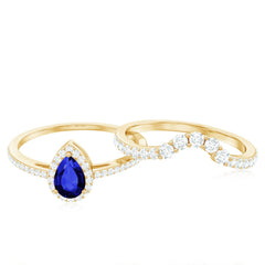 Certified Lab Grown Blue Sapphire Diamond Pear Shaped Engagement Ring Set