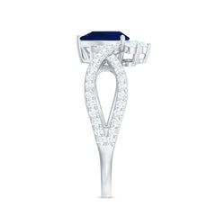 Pear Cut Blue Sapphire and Diamond Crossover Engagement Ring