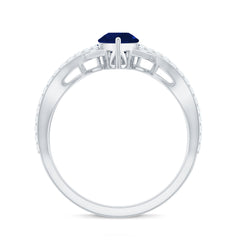 Pear Cut Blue Sapphire and Diamond Crossover Engagement Ring