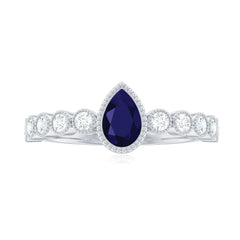 Pear Cut Blue Sapphire Solitaire Ring with Diamond Accent