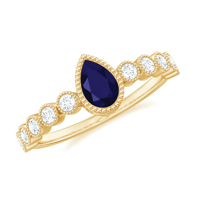 Pear Cut Blue Sapphire Solitaire Ring with Diamond Accent