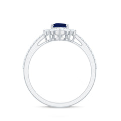 Pear Cut Blue Sapphire Crown Solitaire Ring with Diamond