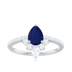 Pear Cut Blue Sapphire Crown Solitaire Ring with Diamond