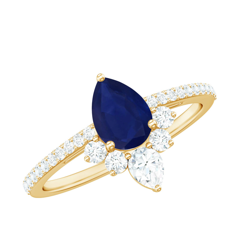 Pear Cut Blue Sapphire Crown Solitaire Ring with Diamond