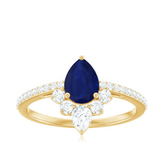 Pear Cut Blue Sapphire Crown Solitaire Ring with Diamond