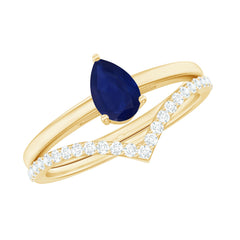 1 CT Pear Cut Blue Sapphire Solitaire Ring Set with Diamond Enhancer Band