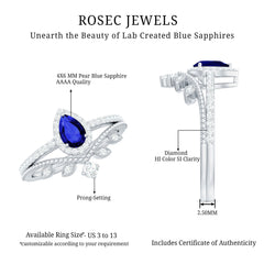 Lab Grown Blue Sapphire Pear Shaped Engagement Ring Set with Diamond