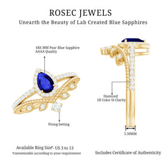 Lab Grown Blue Sapphire Pear Shaped Engagement Ring Set with Diamond