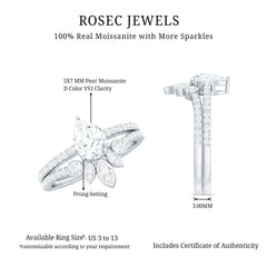 Pear Cut Moissanite Solitaire Bridal Ring Set with Certificate