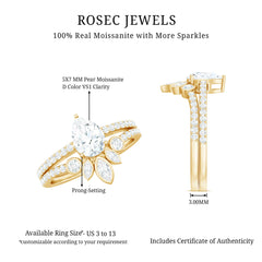 Pear Cut Moissanite Solitaire Bridal Ring Set with Certificate