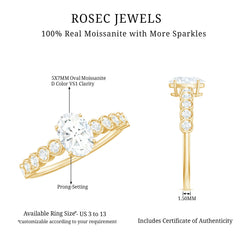 Certified Moissanite Oval Cut Engagement Ring with Side Stones