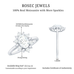 Certified Oval Moissanite Flower Halo Engagement Ring