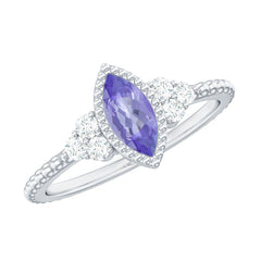 Vintage Style Marquise Tanzanite Promise Ring with Diamond Trio