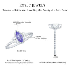 Vintage Style Marquise Tanzanite Promise Ring with Diamond Trio