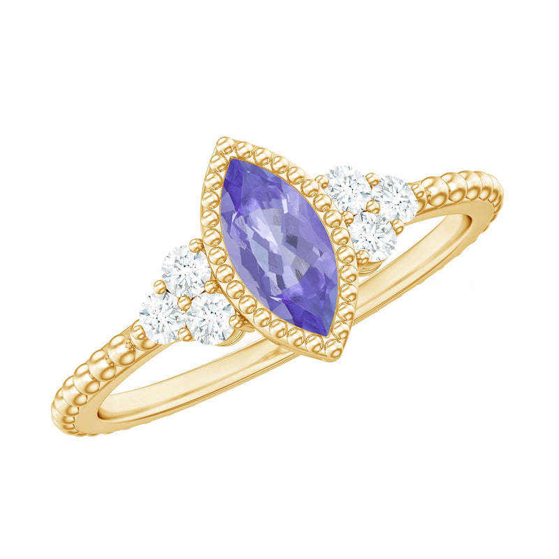 Vintage Style Marquise Tanzanite Promise Ring with Diamond Trio
