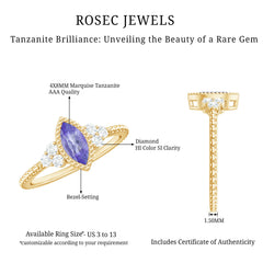 Vintage Style Marquise Tanzanite Promise Ring with Diamond Trio