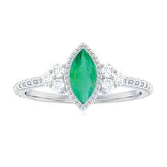 Vintage Inspired Emerald Promise Engagement Ring with Trio Diamond