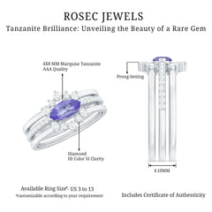 Certified Real Marquise Tanzanite 3 Piece Wedding Ring Set with Diamond