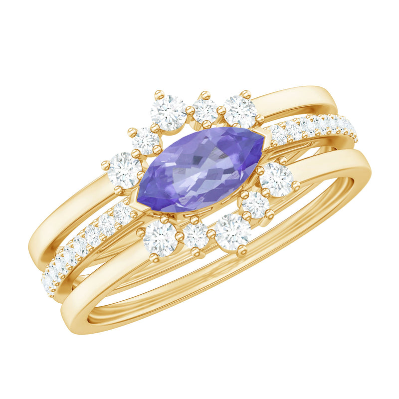 Certified Real Marquise Tanzanite 3 Piece Wedding Ring Set with Diamond