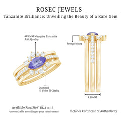 Certified Real Marquise Tanzanite 3 Piece Wedding Ring Set with Diamond