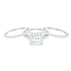 Princess Cut Moissanite Halo Engagement Ring with Wedding Bands