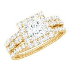 Princess Cut Moissanite Halo Engagement Ring with Wedding Bands
