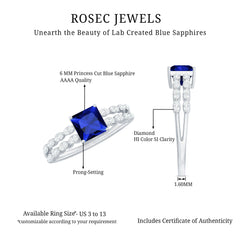 Certified 1.5 Carat Princess Cut Lab Grown Blue Sapphire Double Band Engagement Ring with Diamond