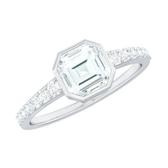 Asscher Cut Moissanite Solitaire Engagement Ring in Bezel Setting