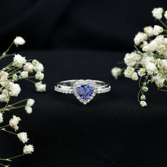 Certified 1 Carat Lab Grown Blue Sapphire Heart Engagement Ring with Diamond Halo