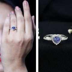 Certified 1 Carat Lab Grown Blue Sapphire Heart Engagement Ring with Diamond Halo