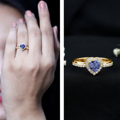Certified 1 Carat Lab Grown Blue Sapphire Heart Engagement Ring with Diamond Halo