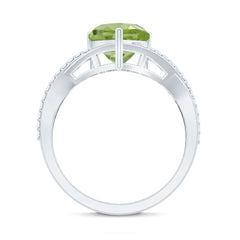 Natural 2 Carat Peridot Heart Engagement Ring with Diamond Crossover Shank