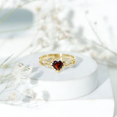 Natural Heart Shaped Garnet Diamond Double Band Engagement Ring