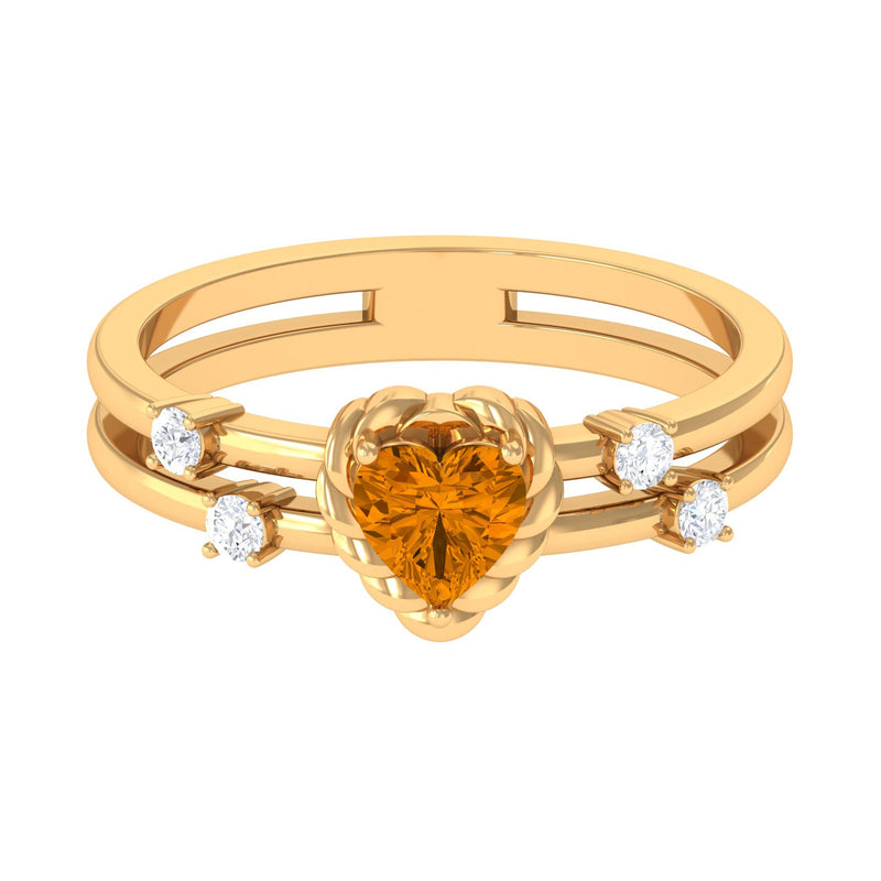 Heart Shape Citrine Solitaire Double Band Ring with Diamond