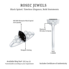 Natural Marquise Black Spinel Engagement Ring with Diamond Trio
